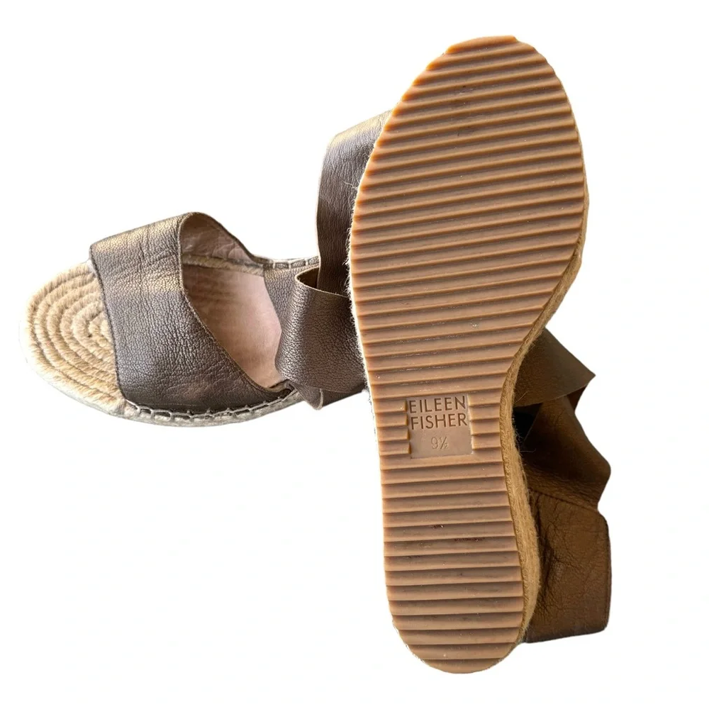 Eileen Fisher Willow Metallic Sandals Brown Tumbled Leather Wedge Espadrille